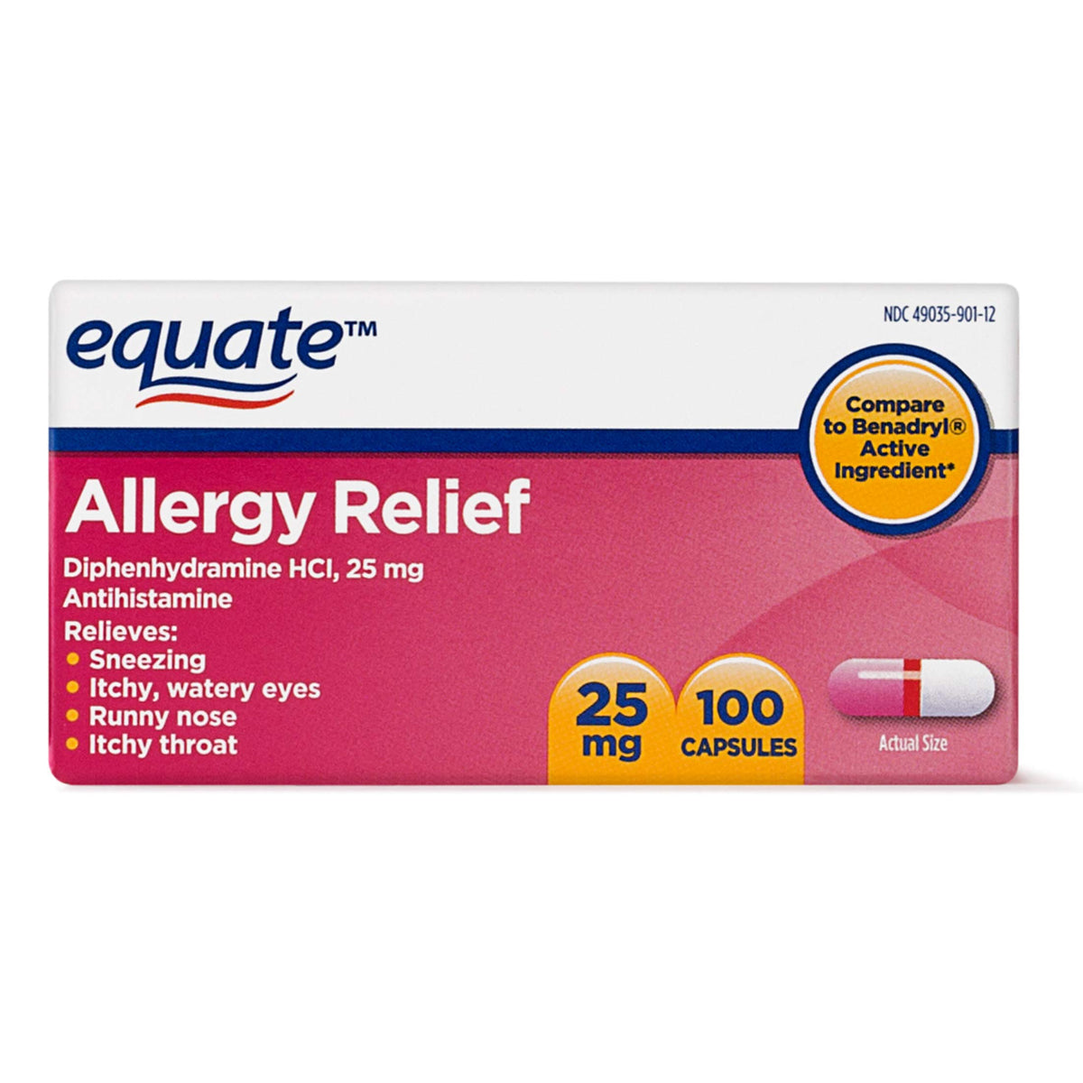 Équate Allergy Relief bouteille montrant le flacon, soulagement rapide.