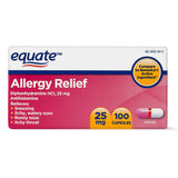Équate Allergy Relief bouteille montrant le flacon, soulagement rapide.