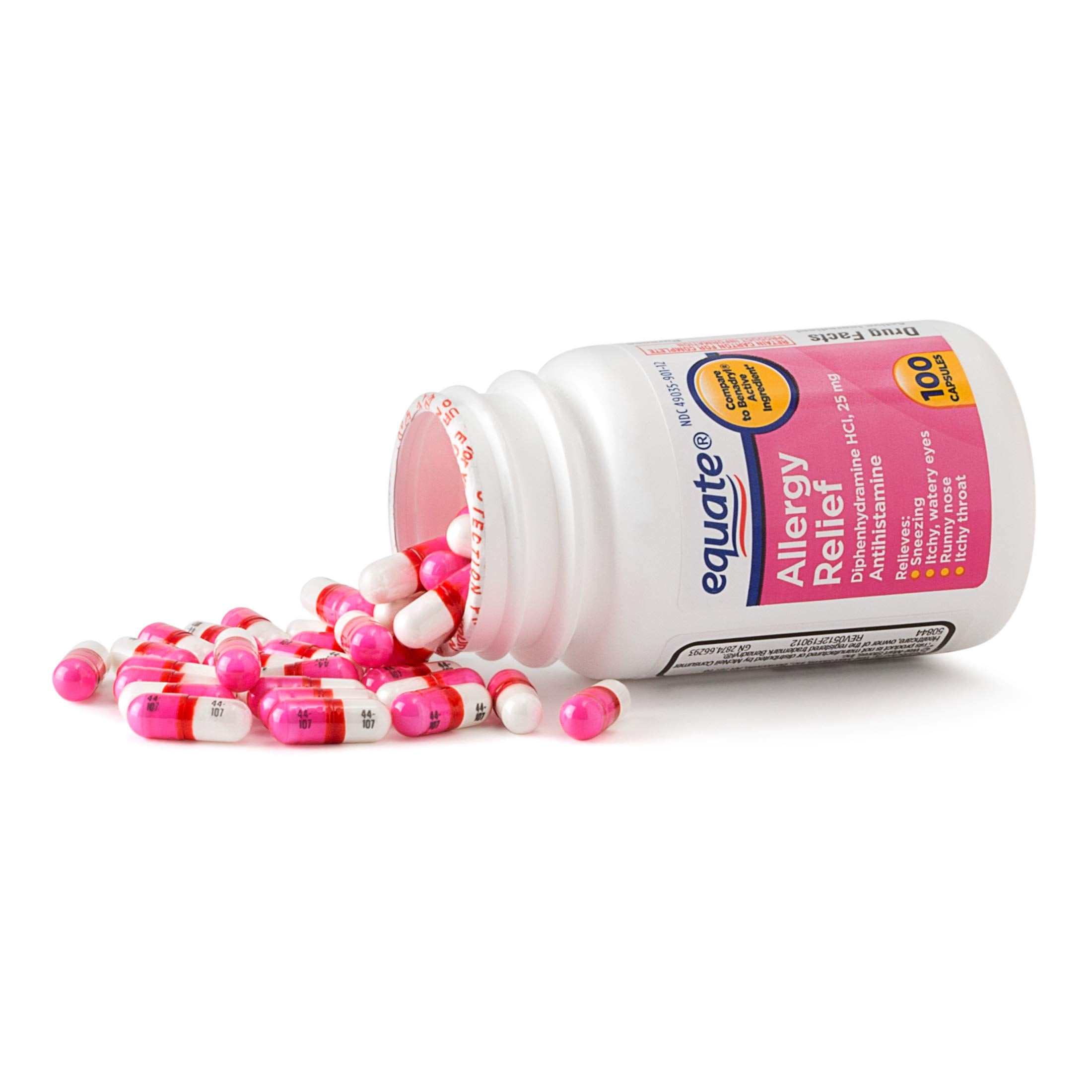 Équate Allergy Relief gelules dose pratique et emballage individuel.