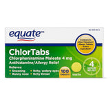 Equate Chlortabs: tablettes antihistaminiques pour allergies saisonnières, soulagement temporaire possible.