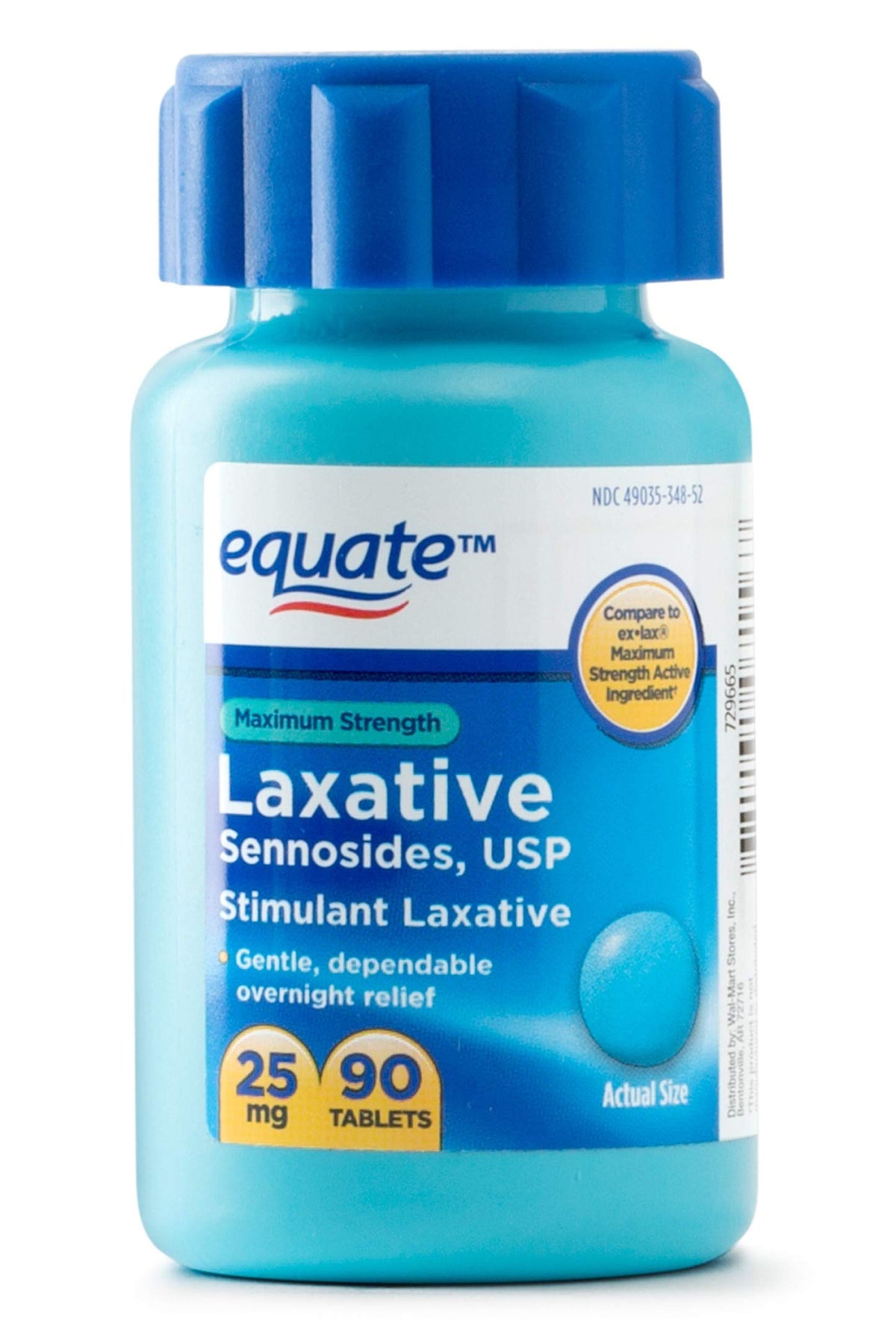 Boîte Equate Laxatif avec 90 comprimés de 25 mg, prêt à l'emploi pour un transit ponctuel.