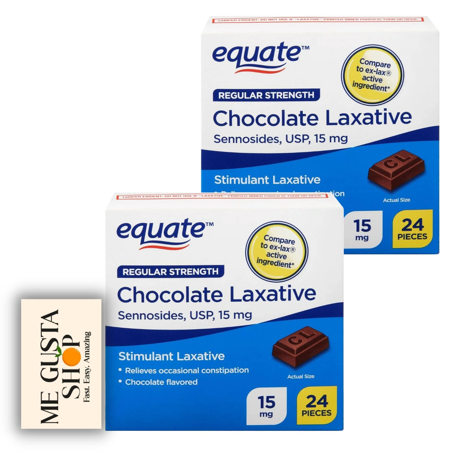 Pack chocolat laxatif Equate avec organisateur de pilules pour déplacements.