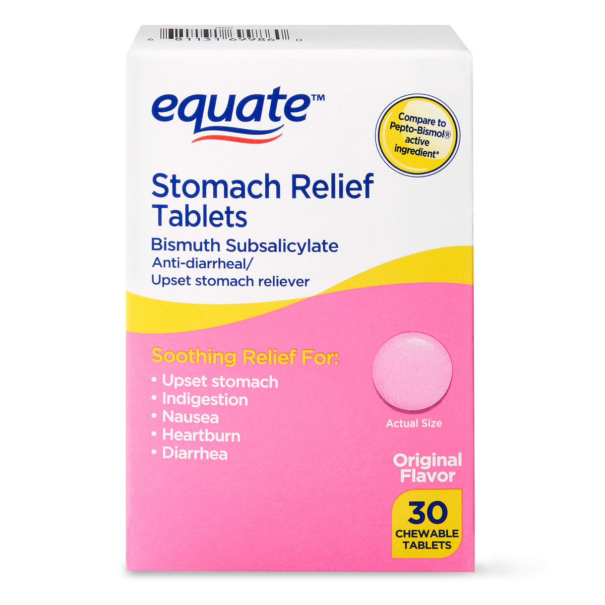 Équate boîte rose prête à soulager les inconforts gastriques.