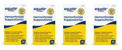Equate suppositoires hémorroïdaires, boîte 24 unités, lot de 4, rangement pratique.