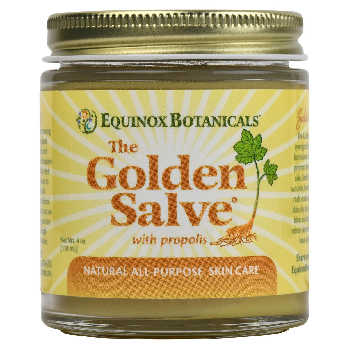 Baume doré Equinox Botanicals dans sa bouteille, hydratation délicate et nourrissante.