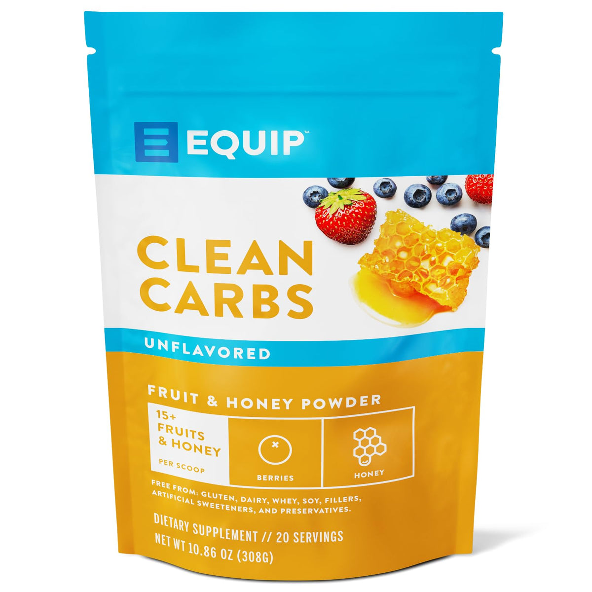 Equip Clean Carbs avec fruits variés et poudre, énergie naturelle après l'exercice.