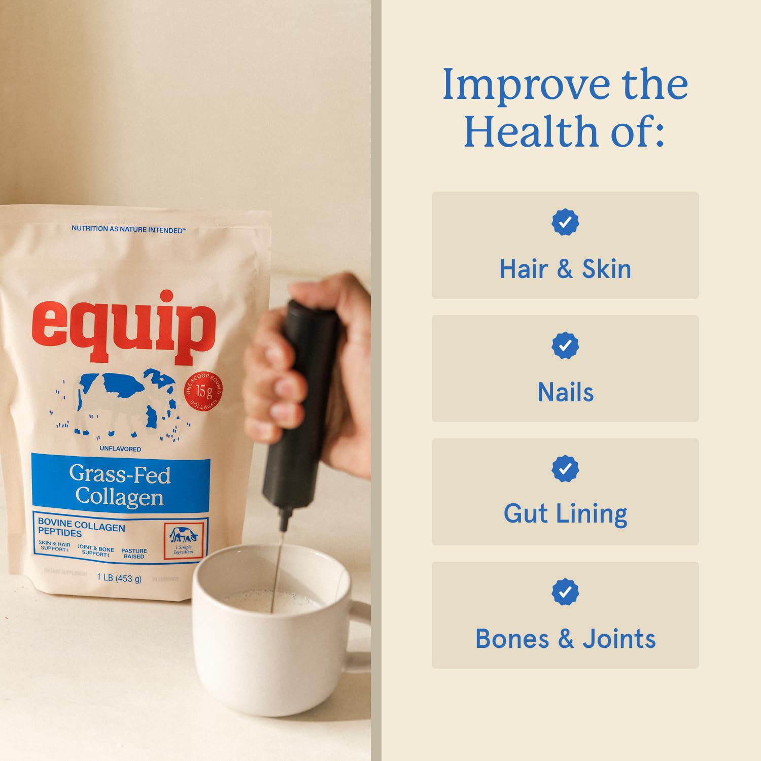 Equip collagène hydrolysé bovin, poudre neutre – intègre facilement vos recettes.