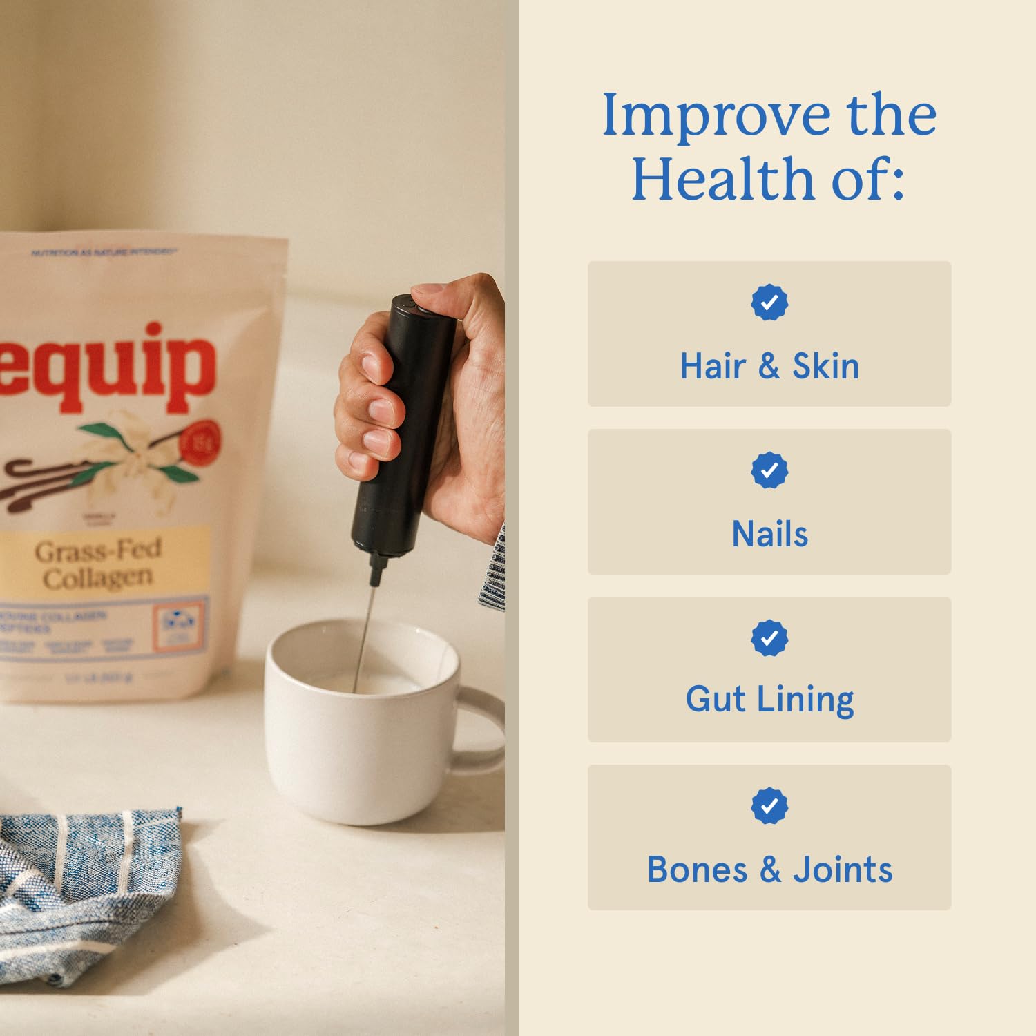 Étiquette naturelle sur le collagène Equip vanille, sans additifs superflus.