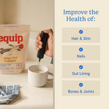 Étiquette naturelle sur le collagène Equip vanille, sans additifs superflus.