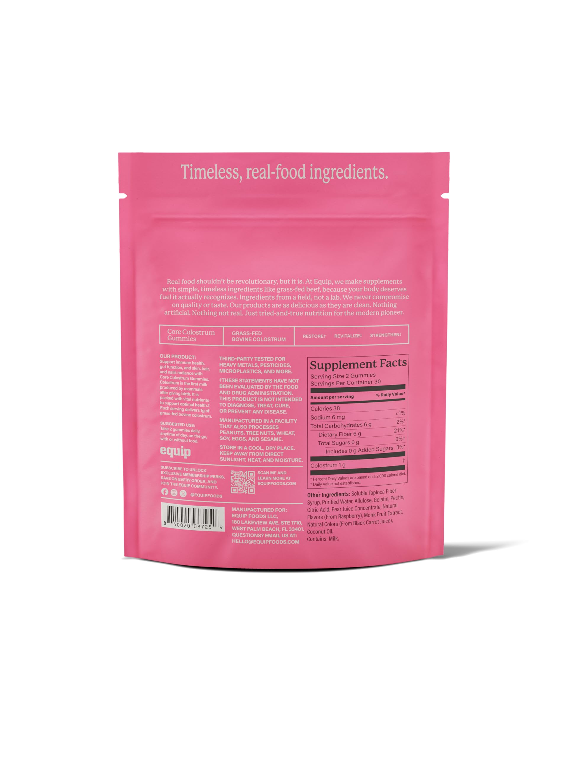 Gommes Equip Foods Core Colostrum boîte ouverte, présentation claire et accessible.