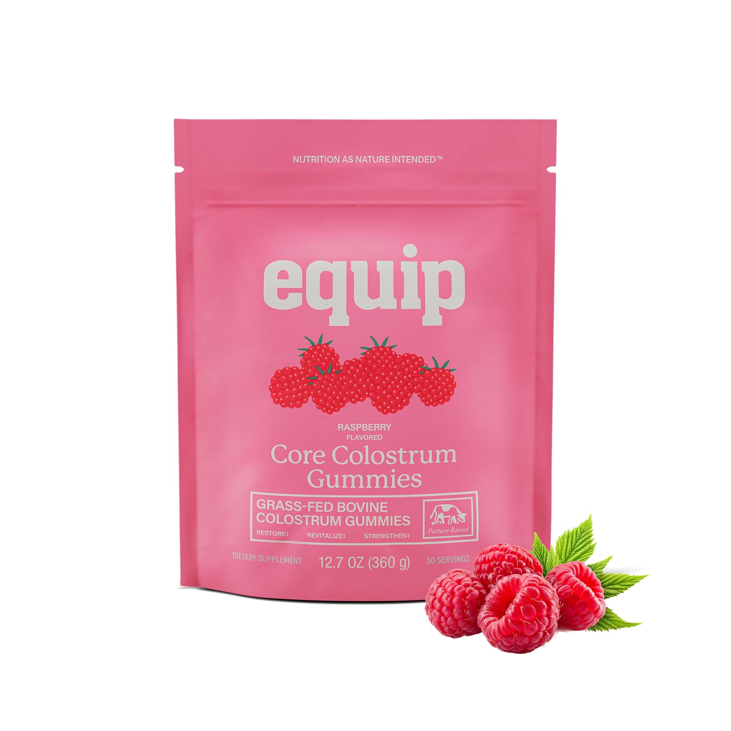 Gommes Equip Foods Core Colostrum en bouteille, apport nutritif quotidien et potentiel soutien immunitaire.