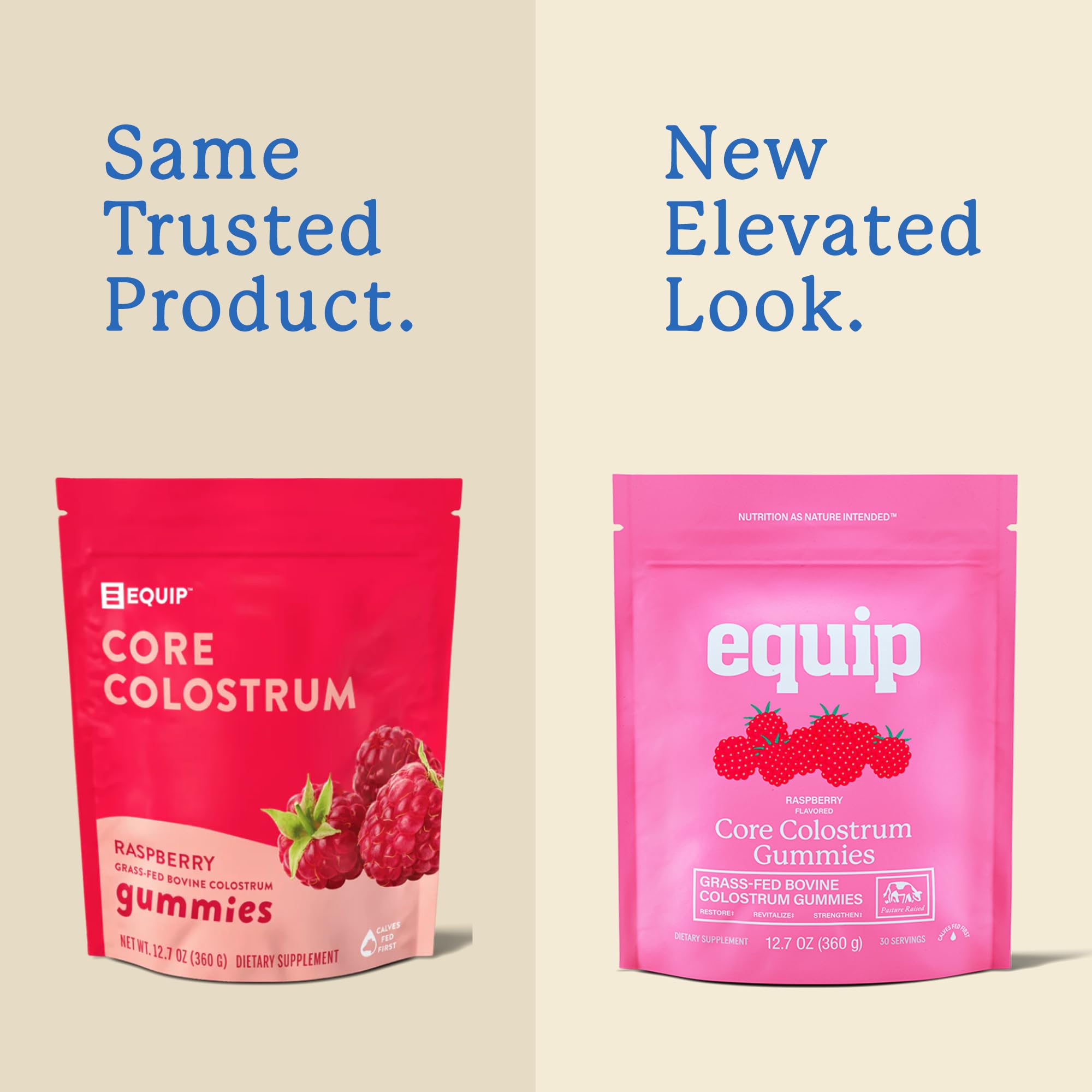 Gommes Equip Foods Core Colostrum, emballage recto, format pratique à emporter.