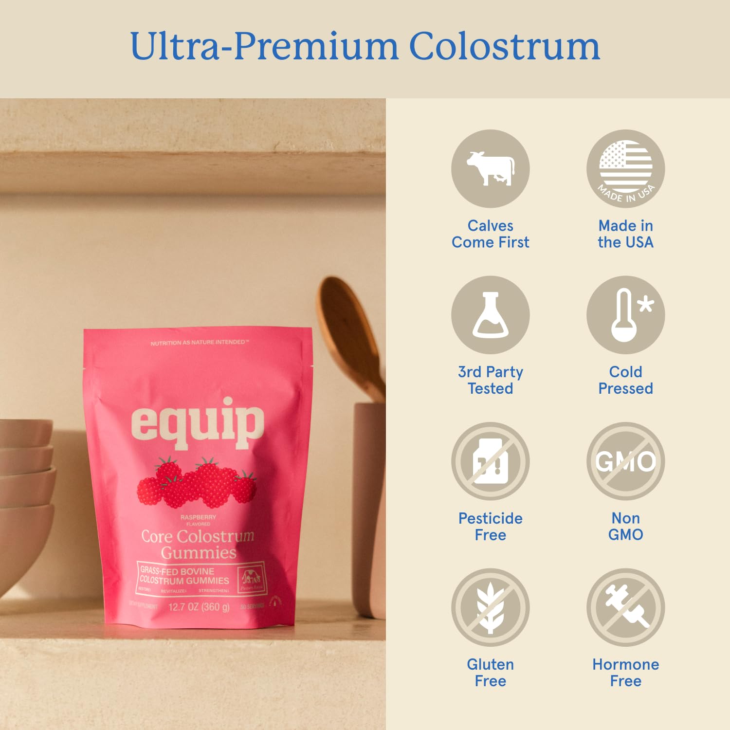 Gommes Equip Foods Core Colostrum saveur framboise, goût fruité agréable.