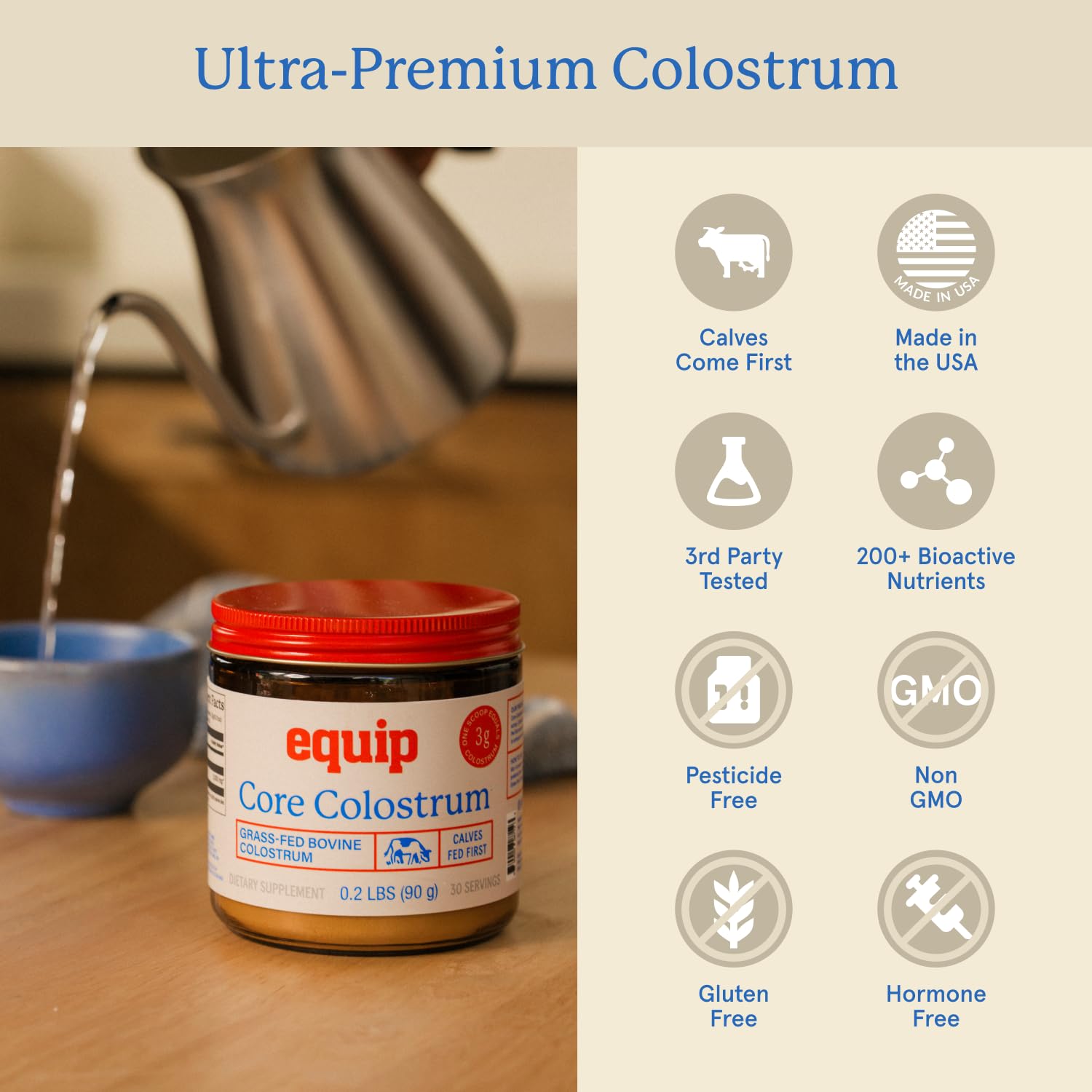 Equip Foods Core Colostrum Poudre: IgG-40pourcent, contenu IgG élevé potentiellement bénéfique.