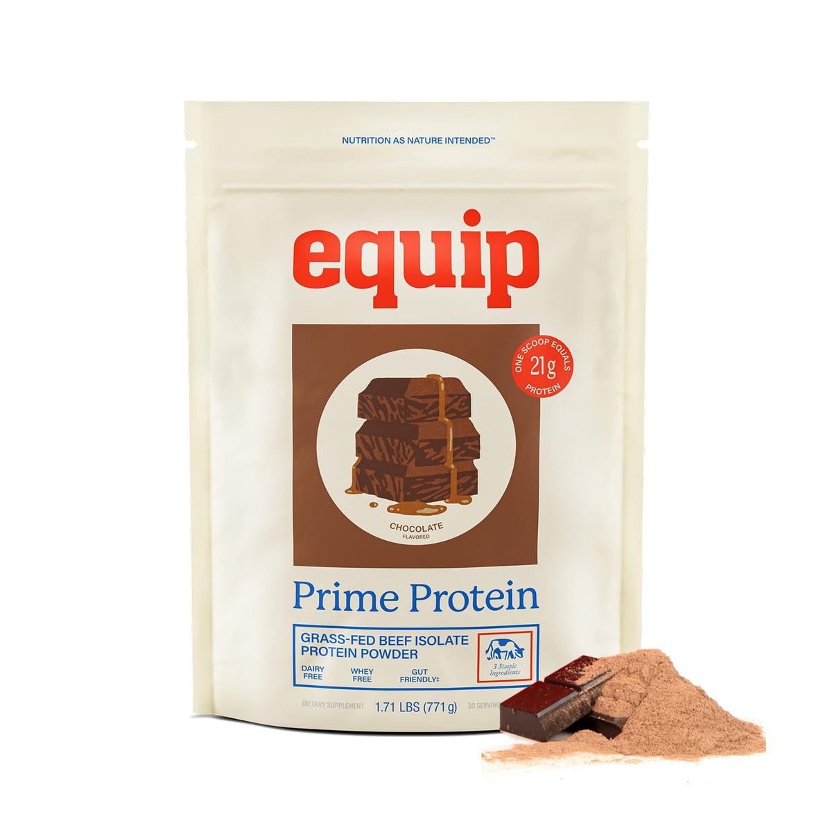 Equip Prime Protéine chocolat en poudre dans un verre, protéine de haute qualité.