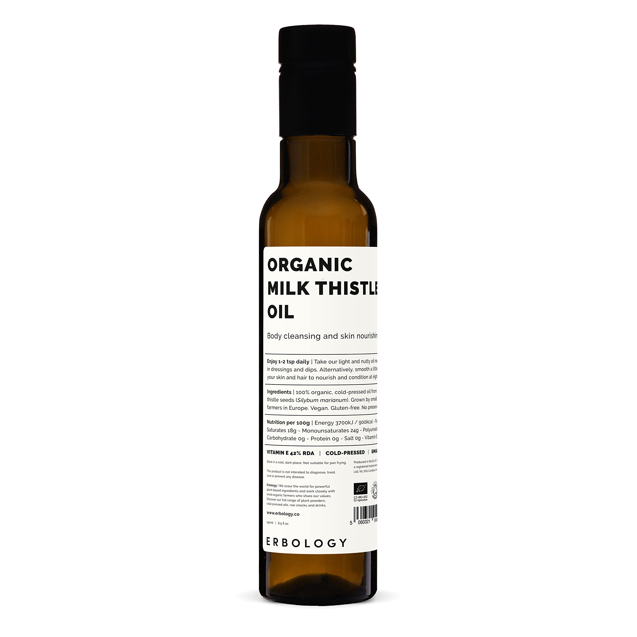 Huile de chardon-marie Erbology, bouteille presse froide, idéale pour vinaigrettes riches.