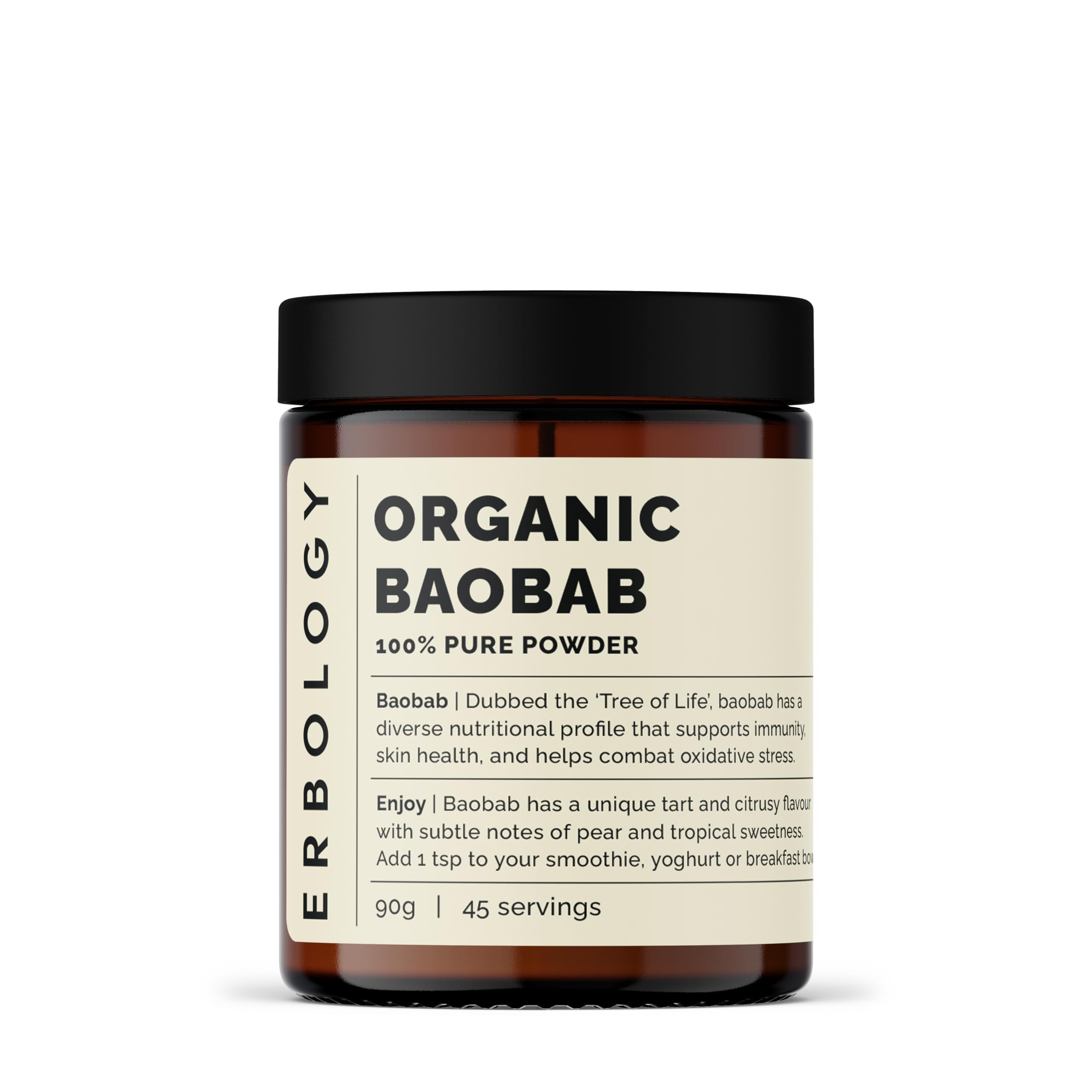 Erbology Baobab en poudre – étiquette produit – idéal pour smoothies matinaux