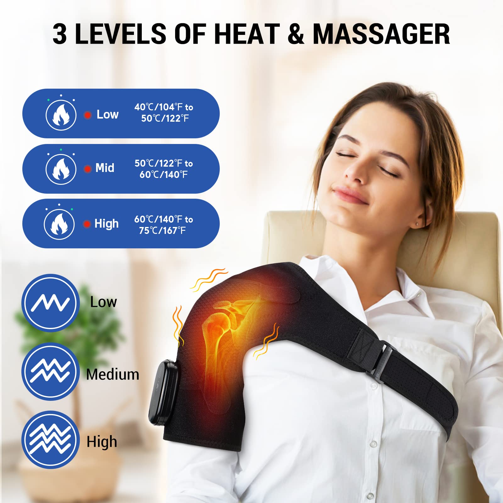 ERHIVORA épaule thermique à 3 niveaux et massage vibrant pour ajuster le confort.