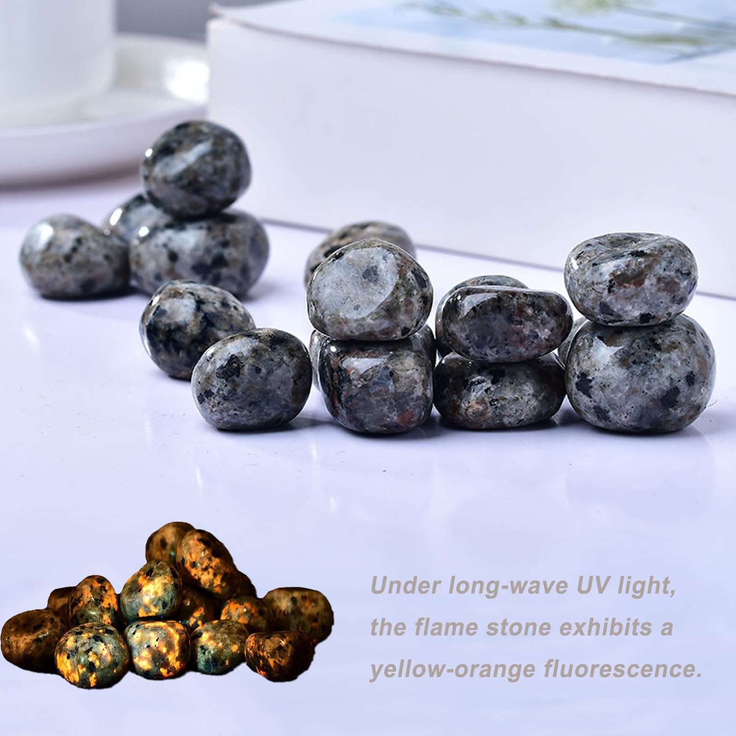 Erliway Flame Yooperlite, pierre polie UV révélant une lueur chaude