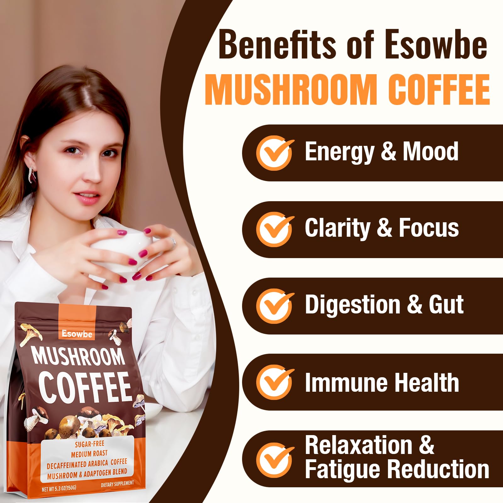Esowbe Mushroom Coffee Arabica décaféiné, douceur et concentration sans jitters