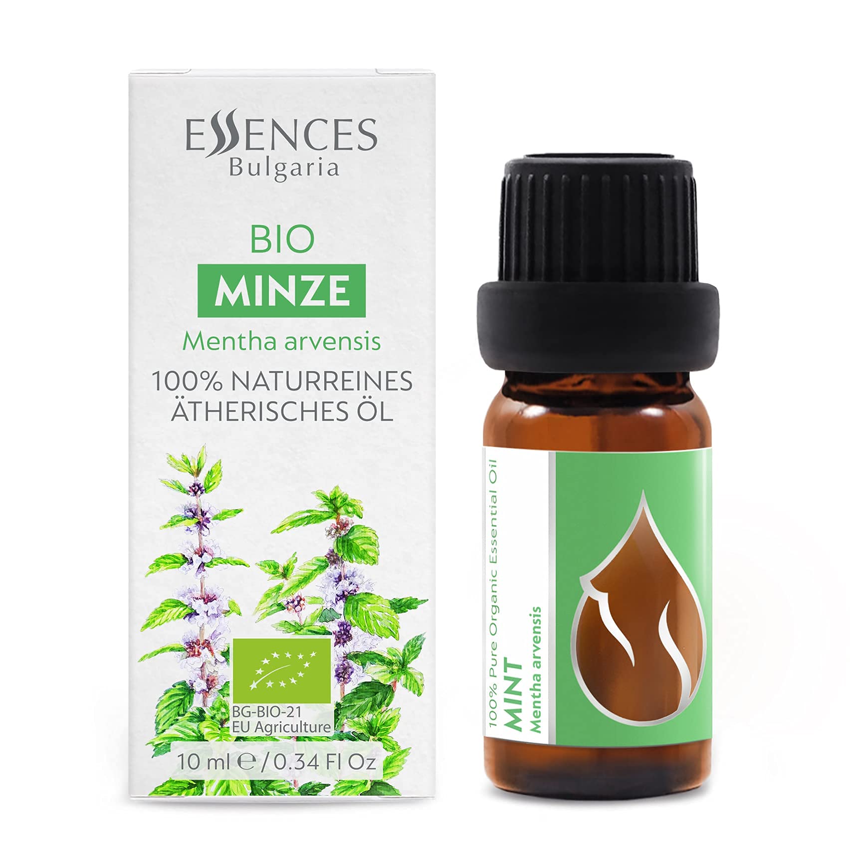Essences Bulgaria goutte d'huile Mentha arvensis prête pour massage et relaxation.