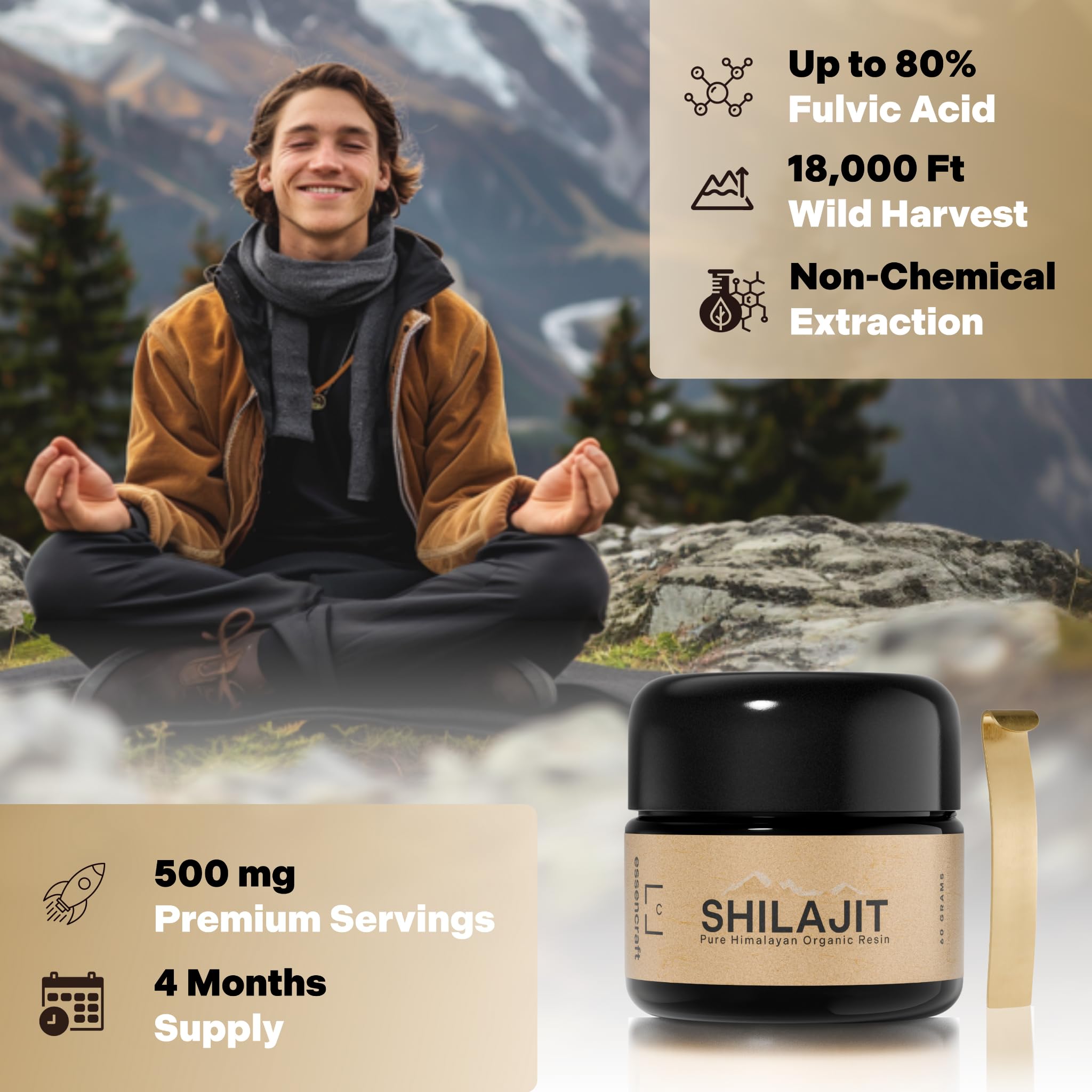 Essencraft Shilajit résine avec étiquette lab, pureté vérifiée pour consommation sûre.