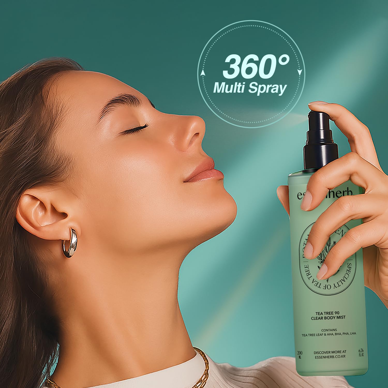 ESSENHERB Tea Tree 90 Clear Body Mist — Exfoliation douce AHA BHA PHA LHA.