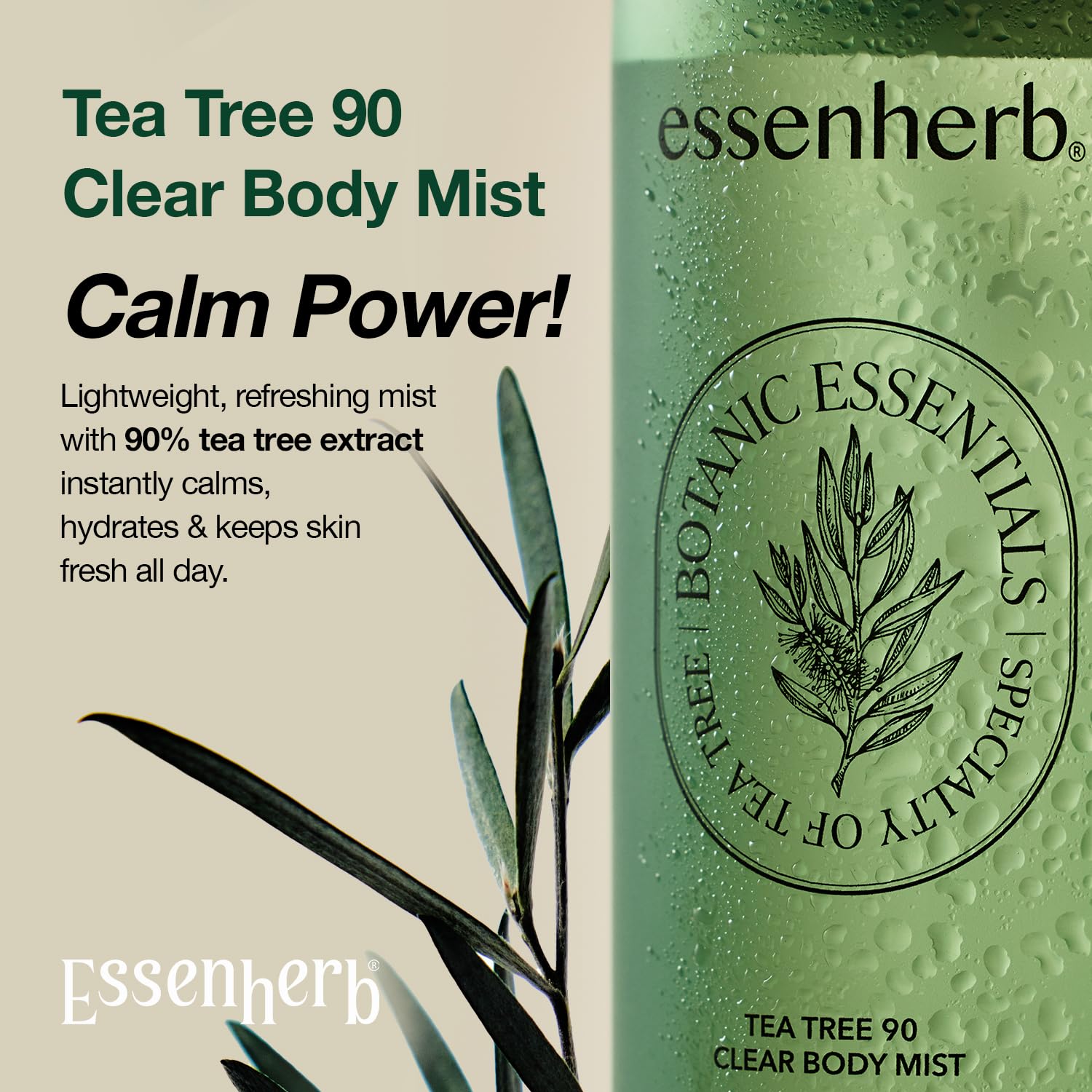 ESSENHERB Tea Tree 90 Clear Body Mist — Pulvérisateur 360, accès facile sur tout le corps.
