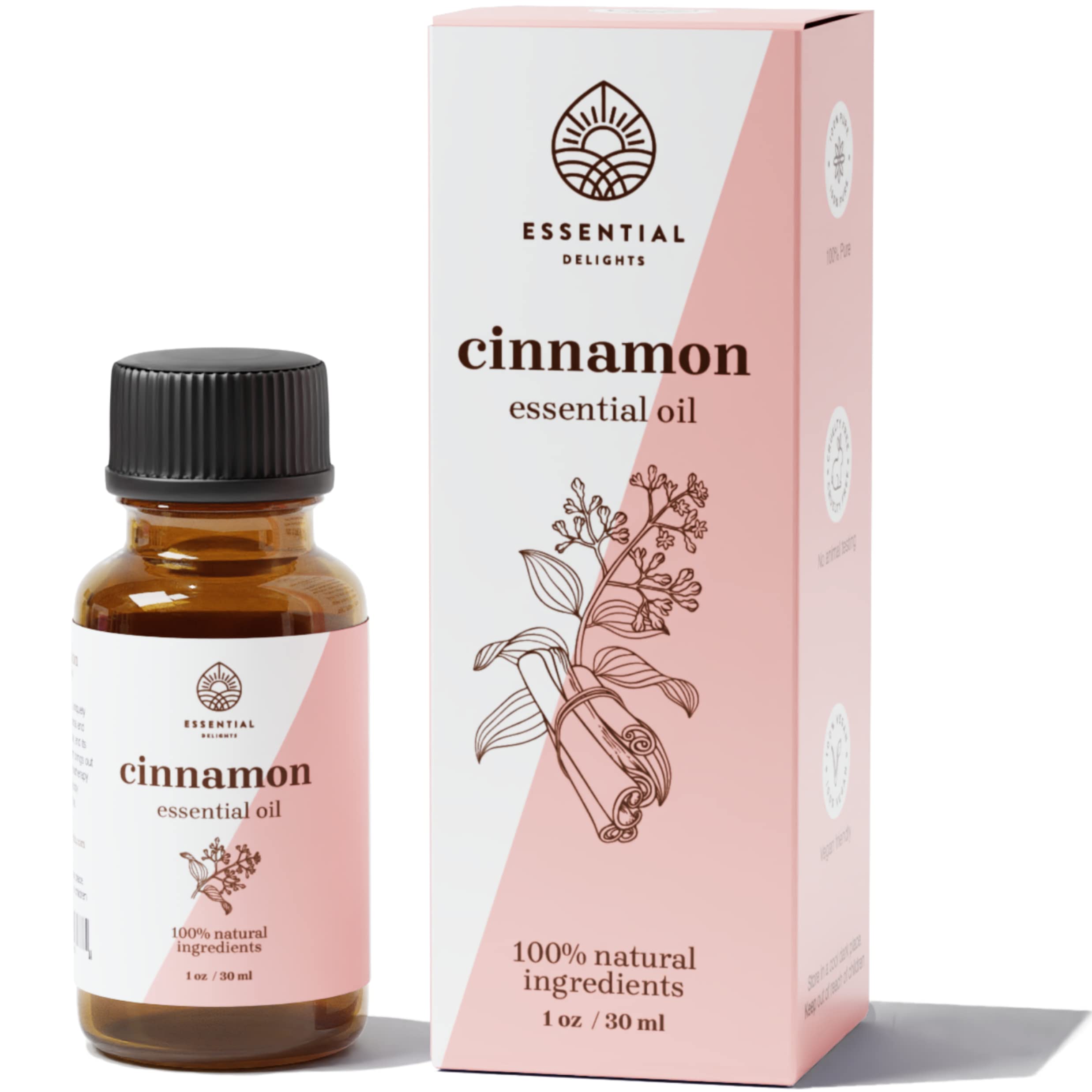 Huile cannelle Essential Delights — bouteille parfumée, chaleur réconfortante pour bougies et diffuseurs.