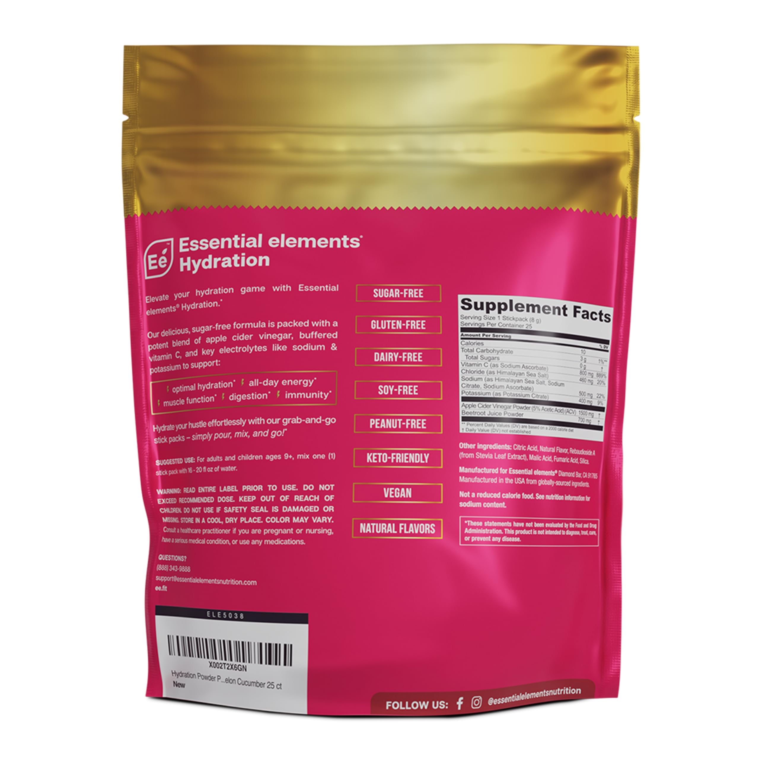 Essential Elements Hydration Packets Three Flavors Box: boîte affichant trois saveurs.