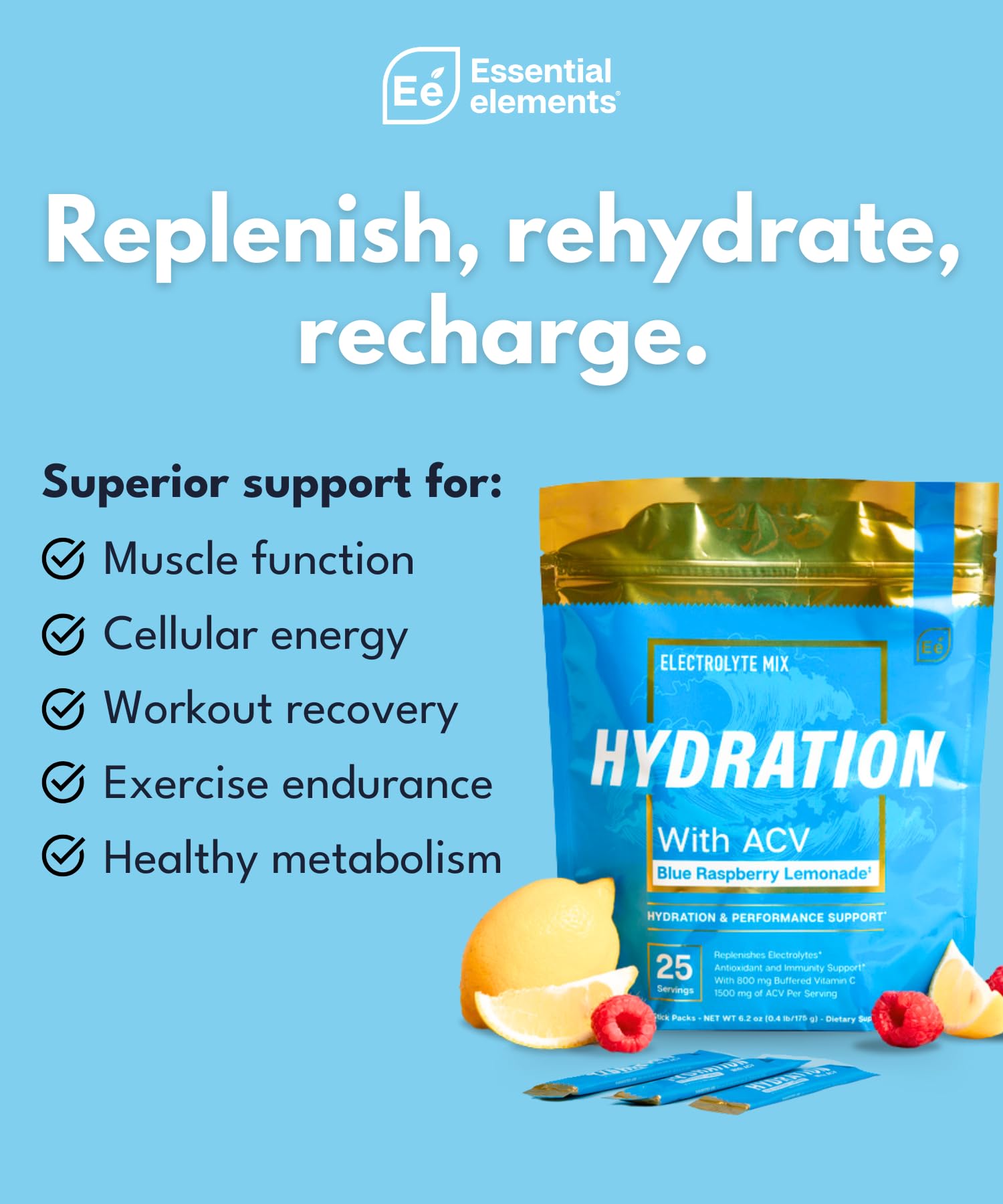 Essential Elements Hydration Packets avec vinaigre de cidre de pomme et vitamine C.