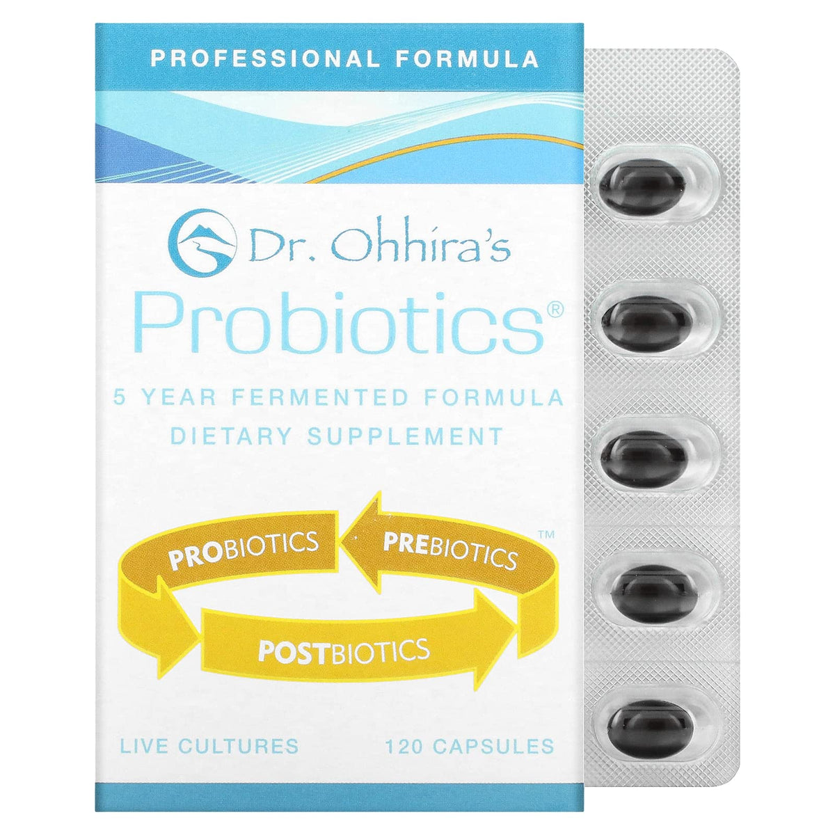 Bouteille Dr. Ohhira's Probiotics Professional par Essential Formulas montrant la formule fermentée et le soutien digestif potentiel.
