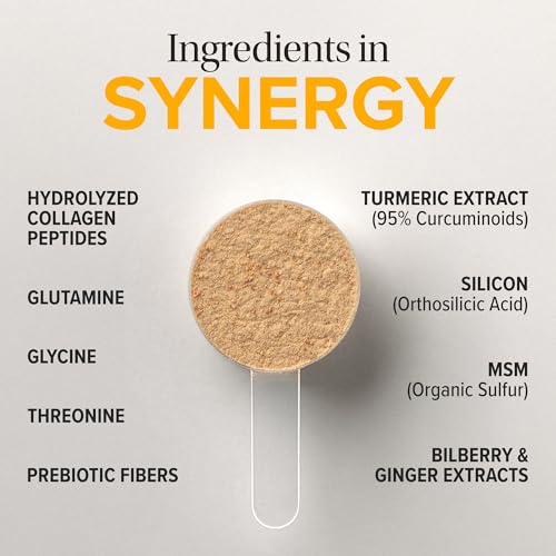 Gros plan sur les ingrédients curcuma, gingembre et myrtille d'Essential Nutrition Collagen Gut.