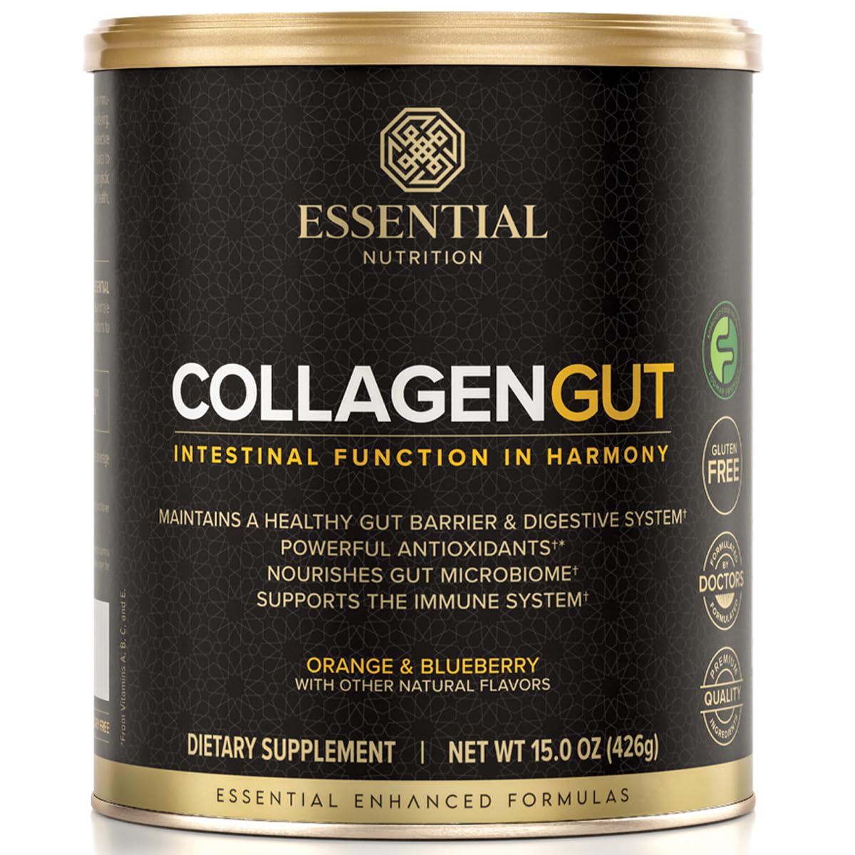 Essential Nutrition Collagen Gut - poudre orange-blueberry prête à être mélangée dans une boisson.