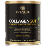 Essential Nutrition Collagen Gut - poudre orange-blueberry prête à être mélangée dans une boisson.