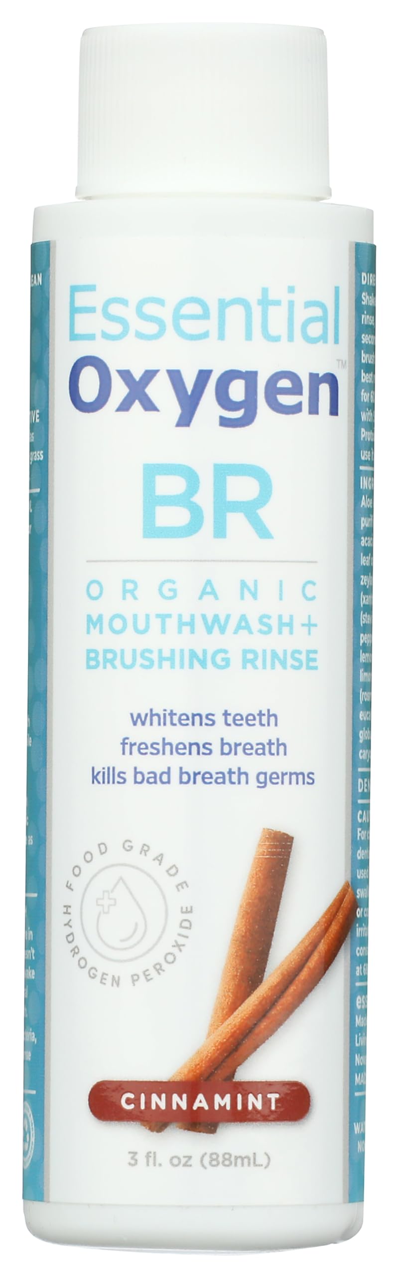 Essential Oxygen bain de bouche cinnamint, bouteille 3 oz, fraîcheur durable après utilisation.