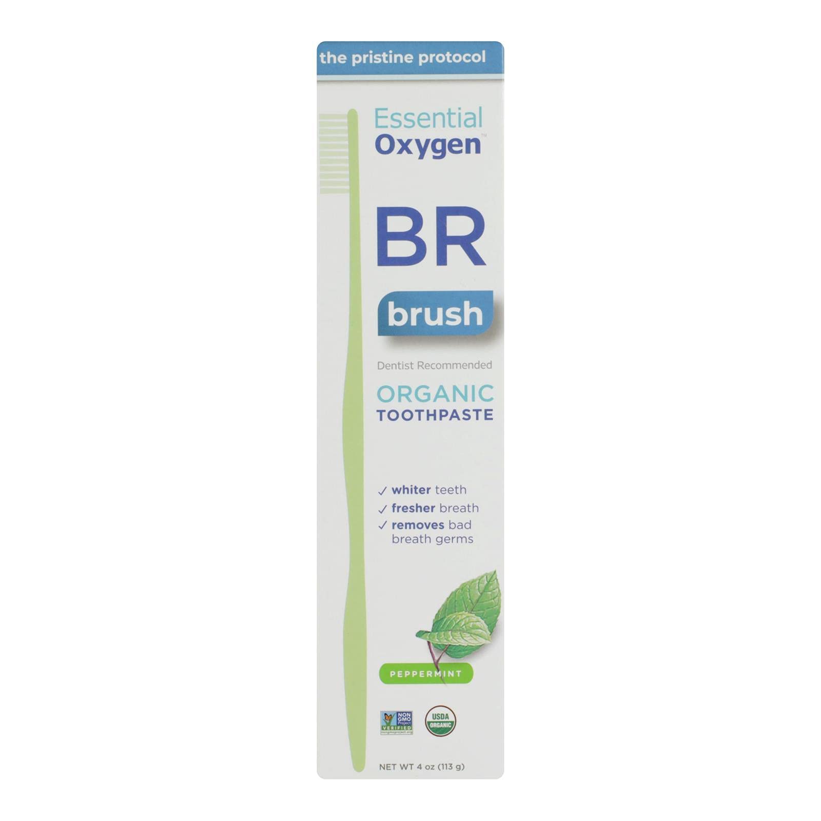 Dentifrice Essential Oxygen BR menthe poivrée, tube prêt à l’emploi pour une haleine fraîche.
