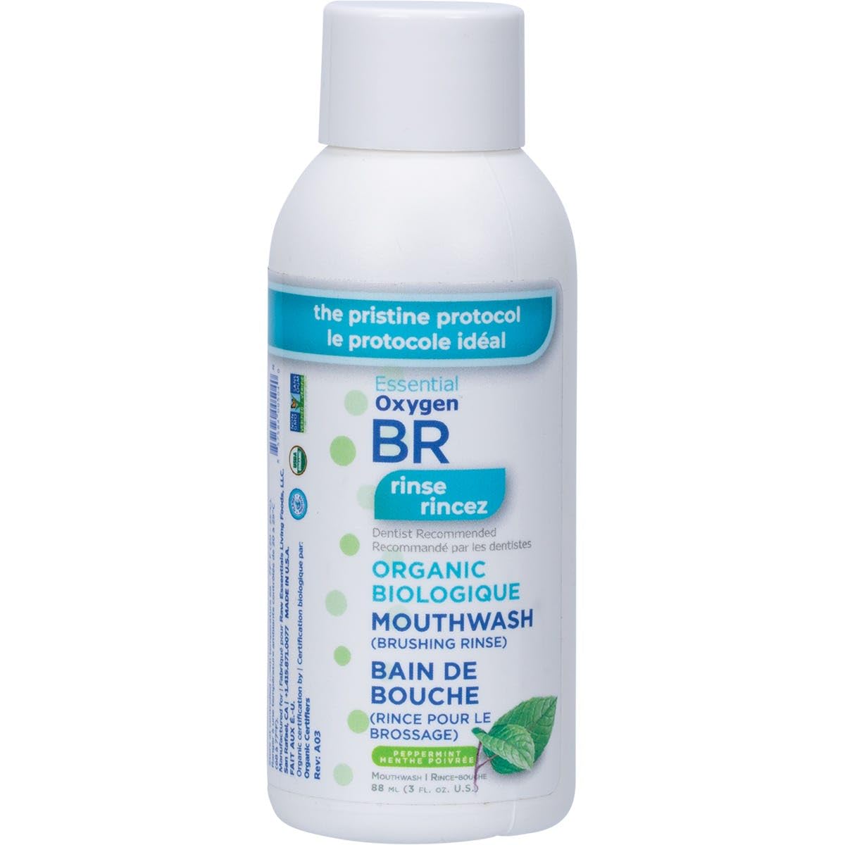 Rinçage buccal Essential Oxygen en bouteille menthe organique, haleine fraîche et propreté buccale.