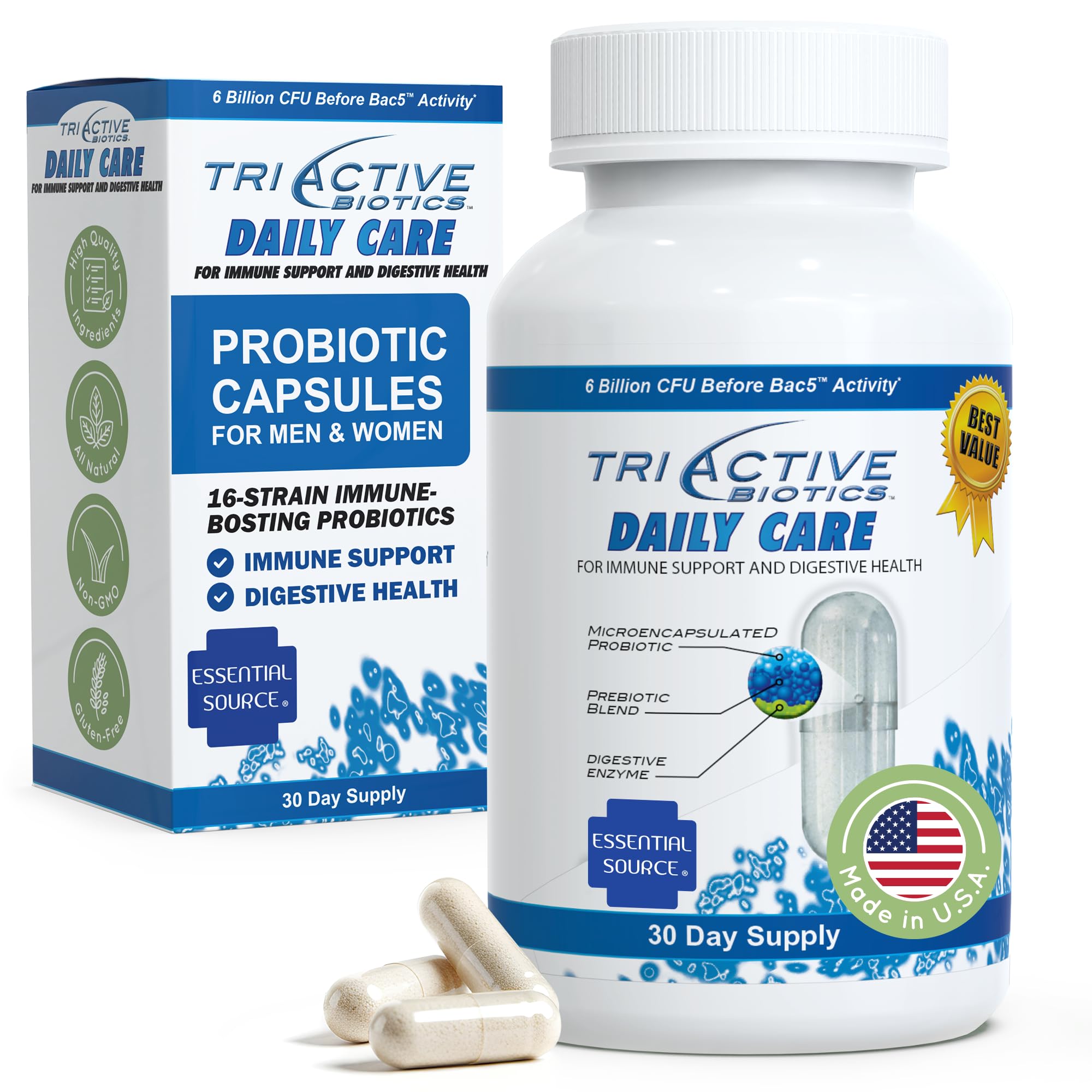 Essential Source TriActive Biotics Daily Care – Bouteille avec capsules pour soutien digestif.