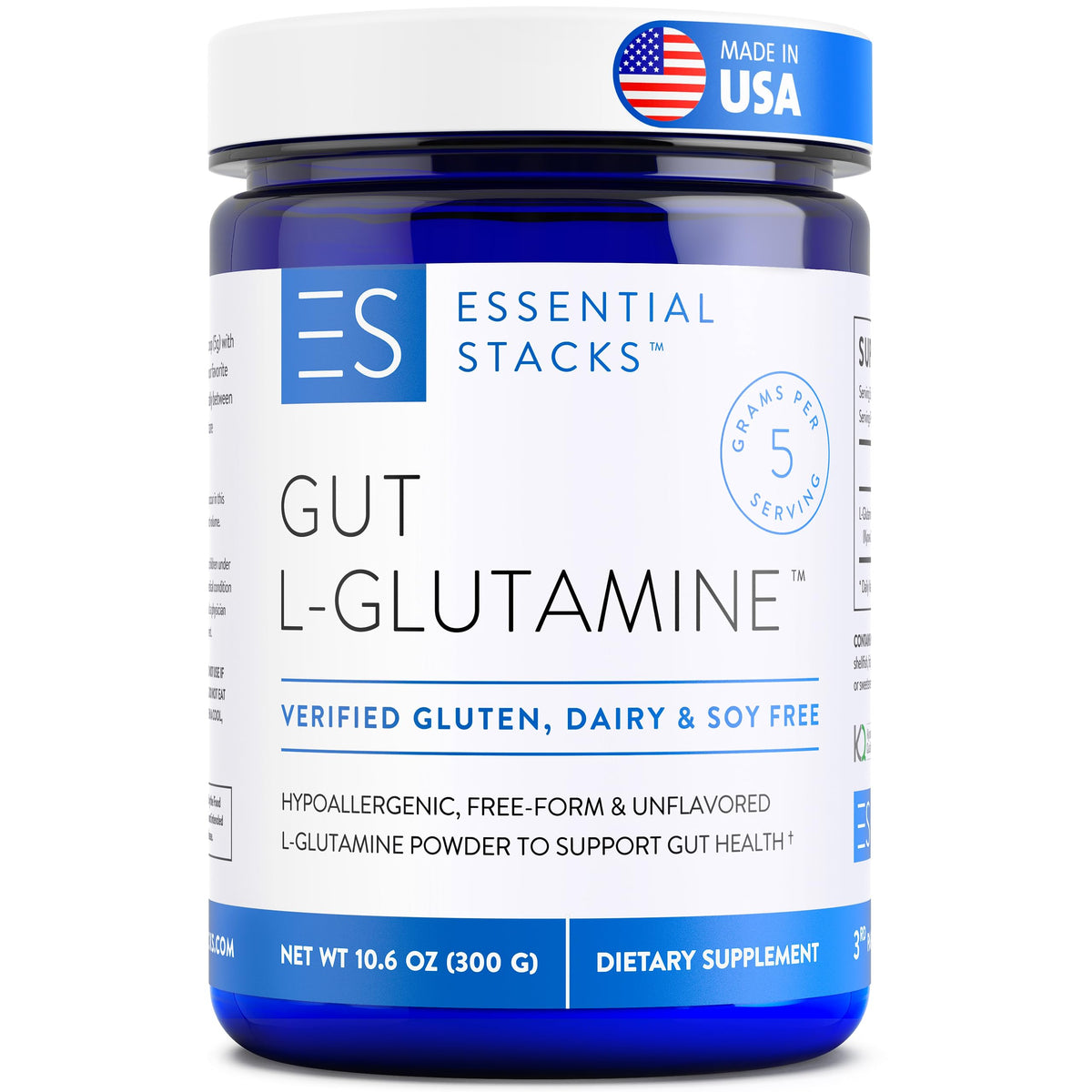 Essential Stacks Gut L-Glutamine, étiquette du produit, soutien potentiel à l'intestin.