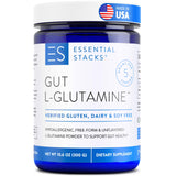 Essential Stacks Gut L-Glutamine, étiquette du produit, soutien potentiel à l'intestin.