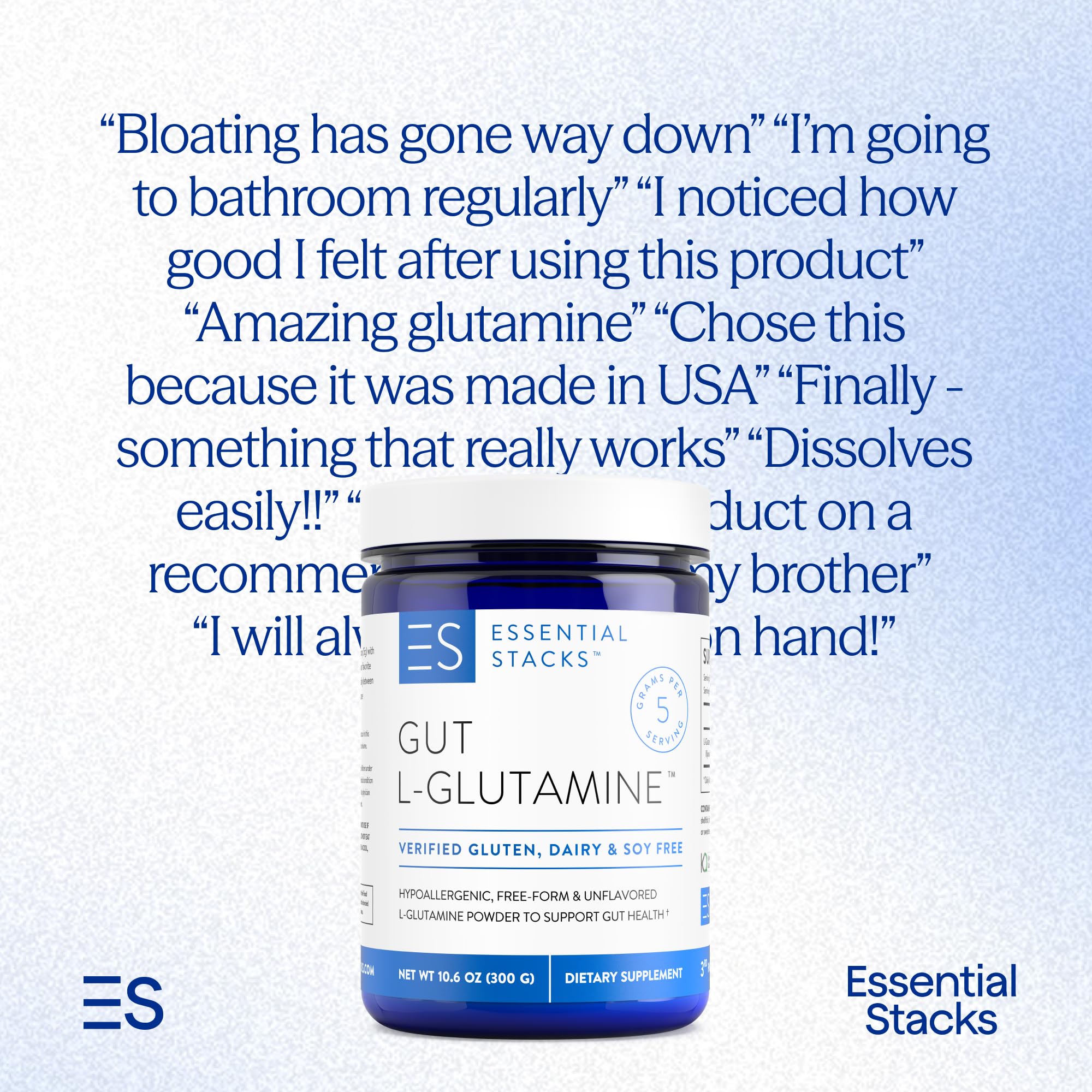 Absence d'ingrédients de remplissage Gut L-Glutamine, packaging et visuel clair.