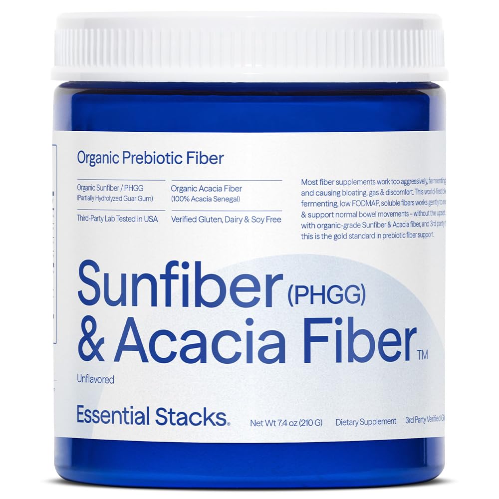 Essential Stacks Sunfiber prébiotique en poudre, fibre douce et neutre pour le quotidien.