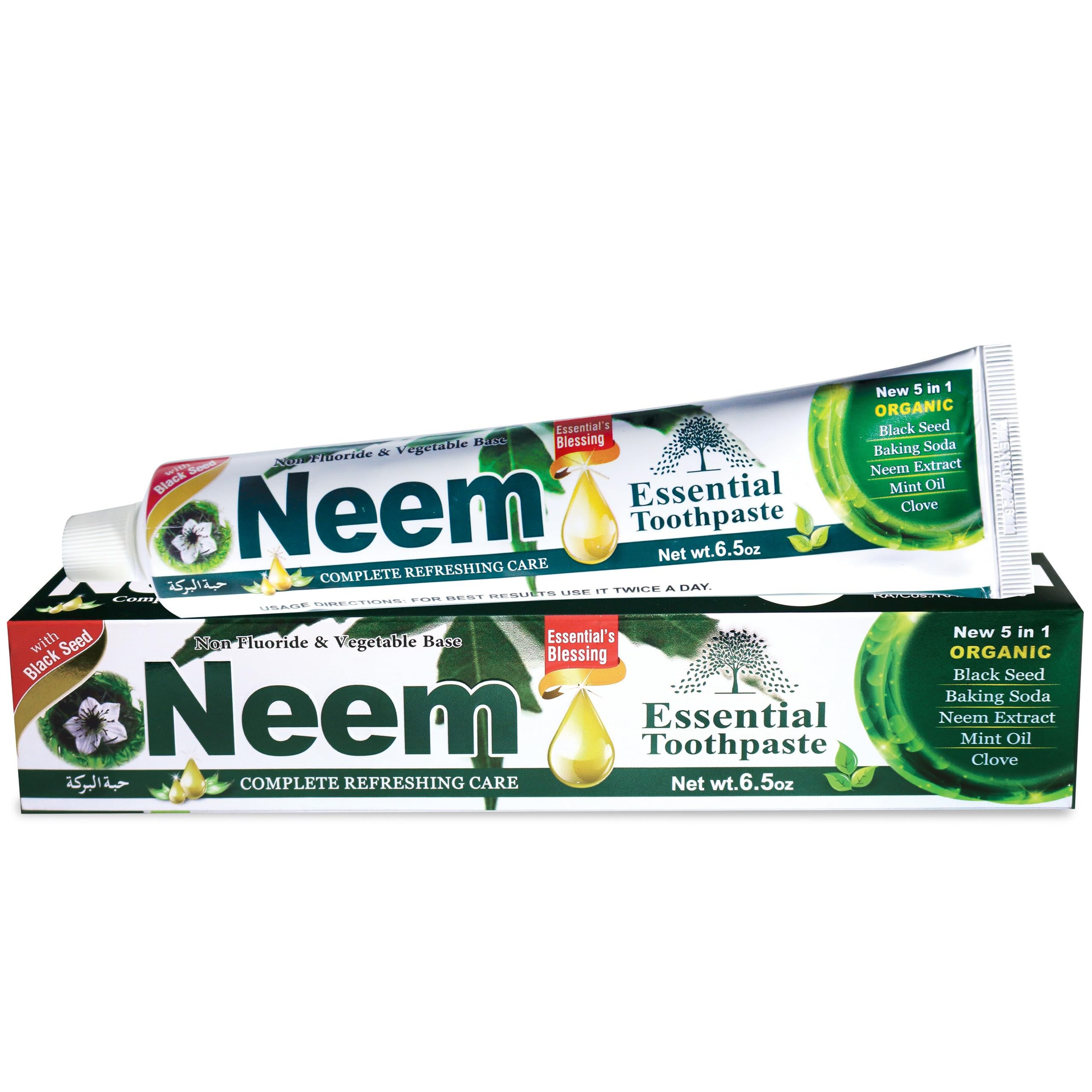 Dentifrice Neem ESSENTIAL TOOTHPASTE, tube affiché, peut aider à garder les dents plus blanches