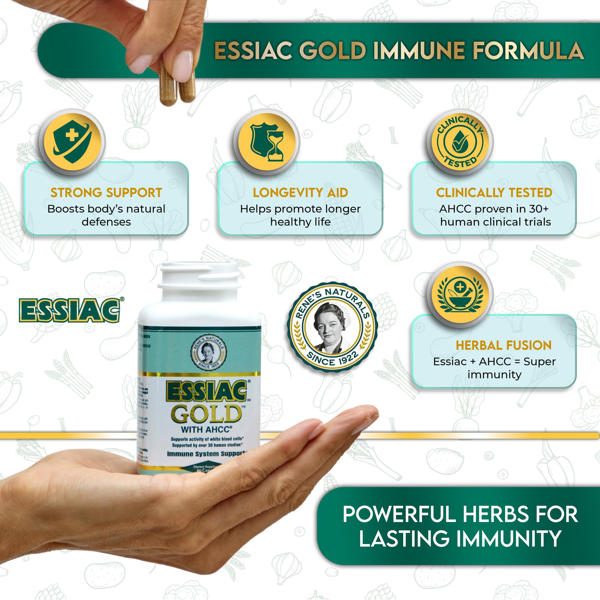 Boîte Essiac Gold AHCC — emballage recyclable et design informatif.