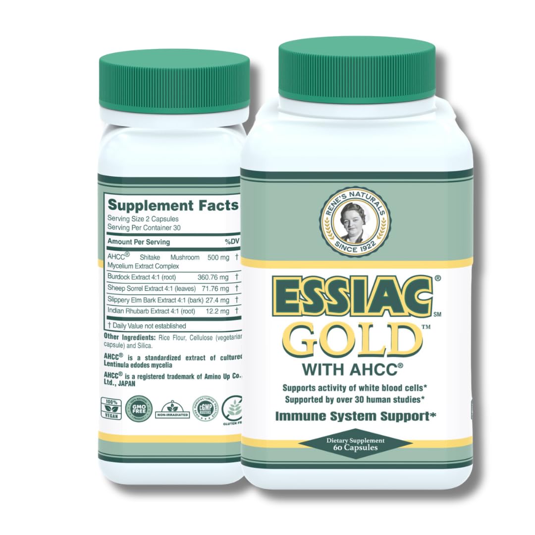 Bouteille Essiac Gold AHCC — présentation du flacon et étiquette, soutien potentiel à l'immunité.