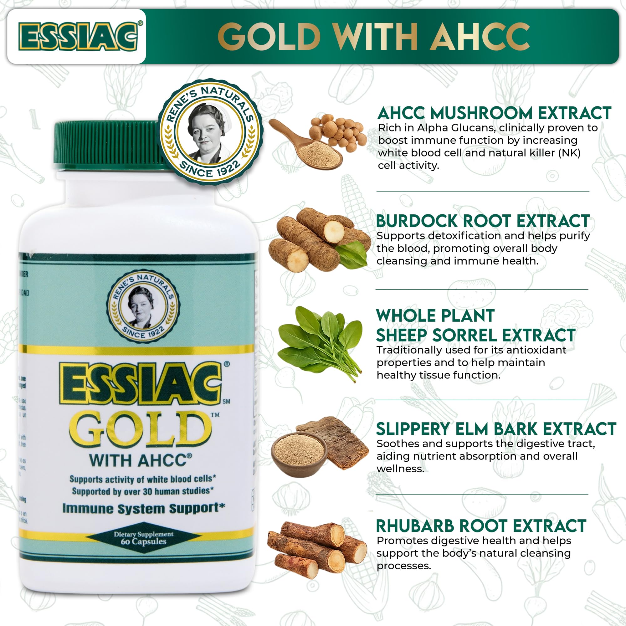 Étiquette Essiac Gold AHCC — informations claires pour un usage responsable.