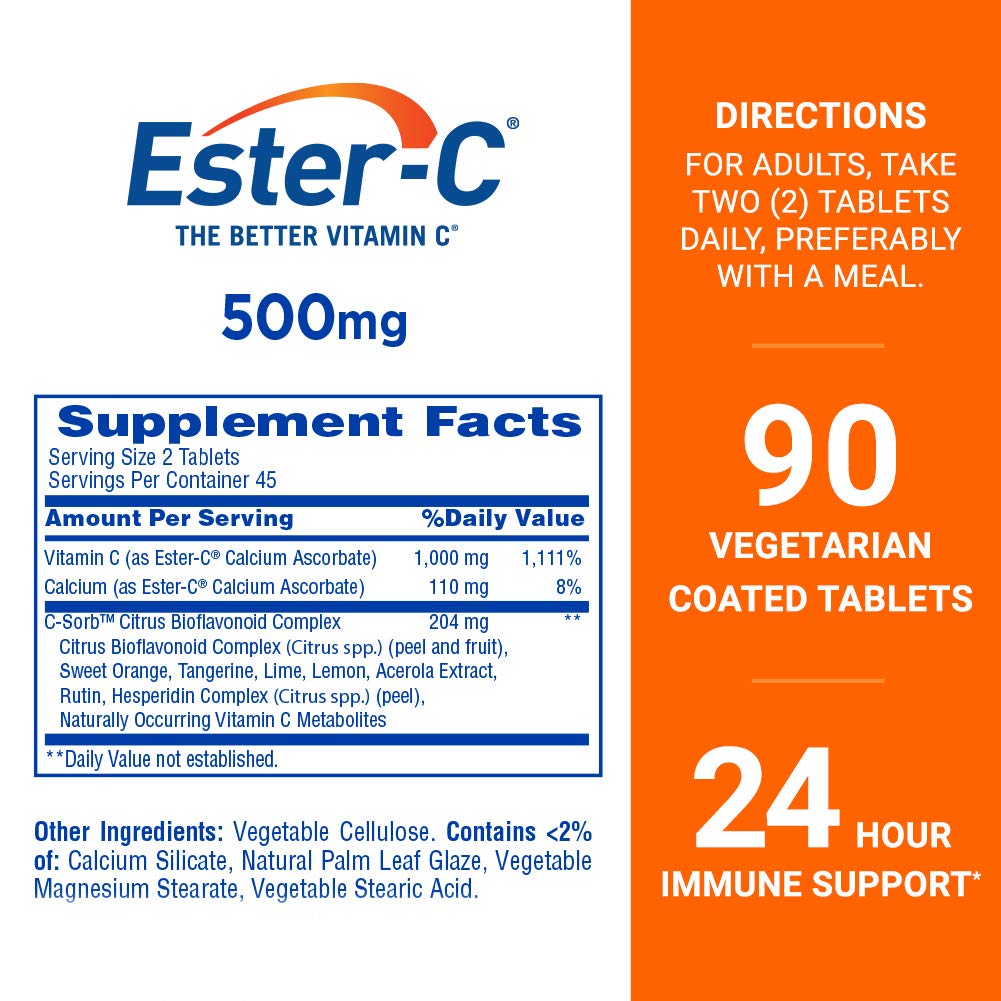 Ester-C, bouteille montrant le dos des comprimés, formulation douce et non acide.