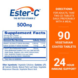 Ester-C, bouteille montrant le dos des comprimés, formulation douce et non acide.