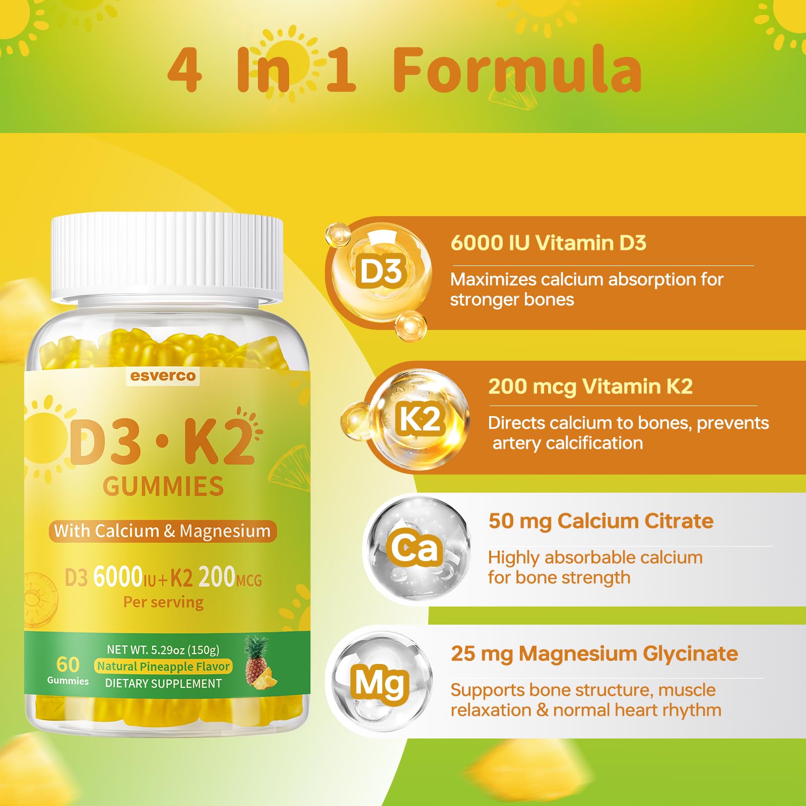 Gommes Esverco D3 K2 avec calcium et magnésium pour un profil minéral équilibré.